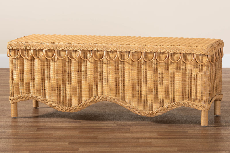 Jaden Bohemian Light Honey Rattan Accent Bench w/Scallop border