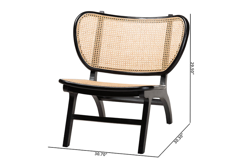 Cian Bohemian Black Mahogany Wood and Woven Rattan Accent Chair