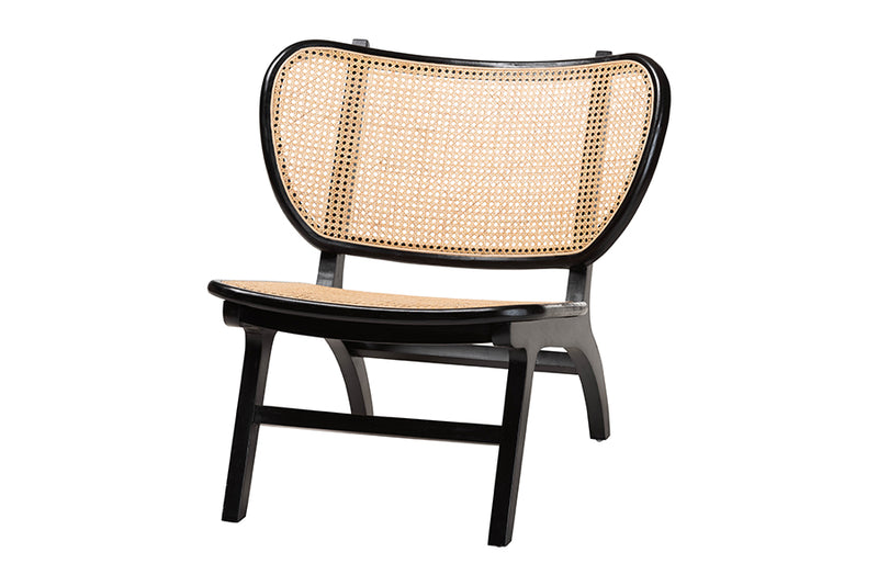 Cian Bohemian Black Mahogany Wood and Woven Rattan Accent Chair