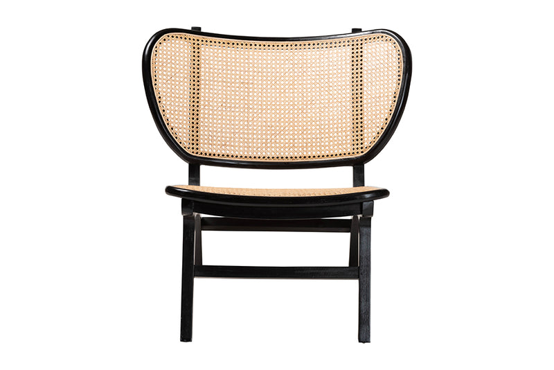 Cian Bohemian Black Mahogany Wood and Woven Rattan Accent Chair