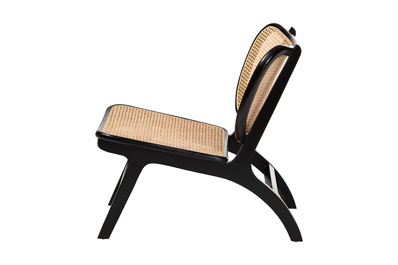 Cian Bohemian Black Mahogany Wood and Woven Rattan Accent Chair