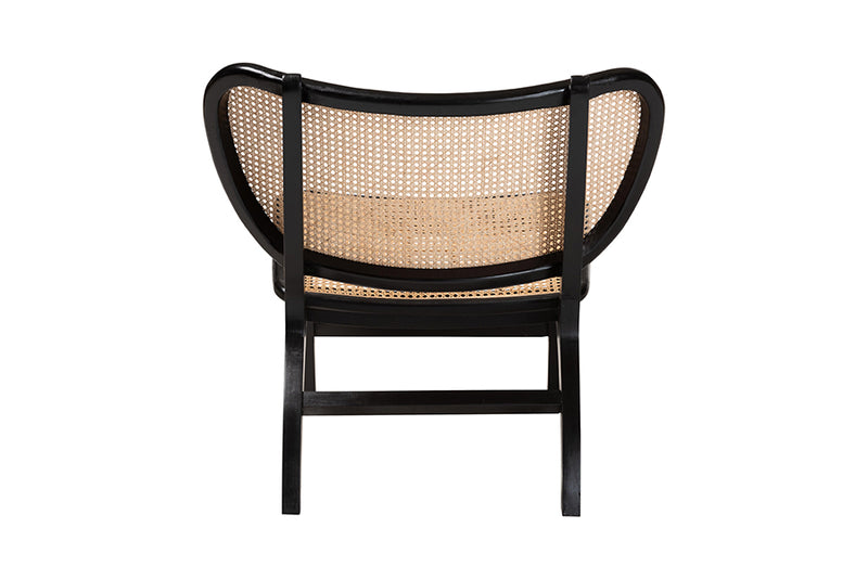 Cian Bohemian Black Mahogany Wood and Woven Rattan Accent Chair