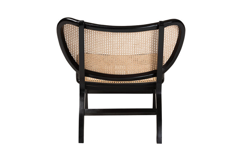 Cian Bohemian Black Mahogany Wood and Woven Rattan Accent Chair Baxton