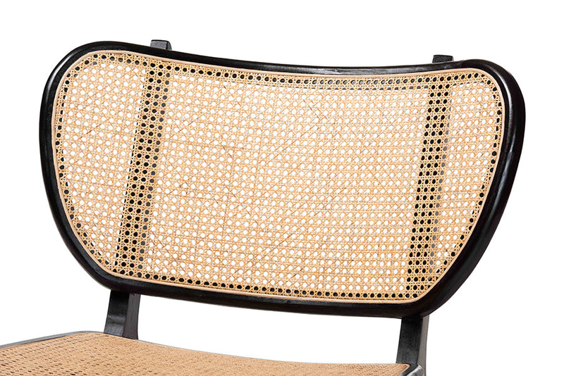 Cian Bohemian Black Mahogany Wood and Woven Rattan Accent Chair Baxton