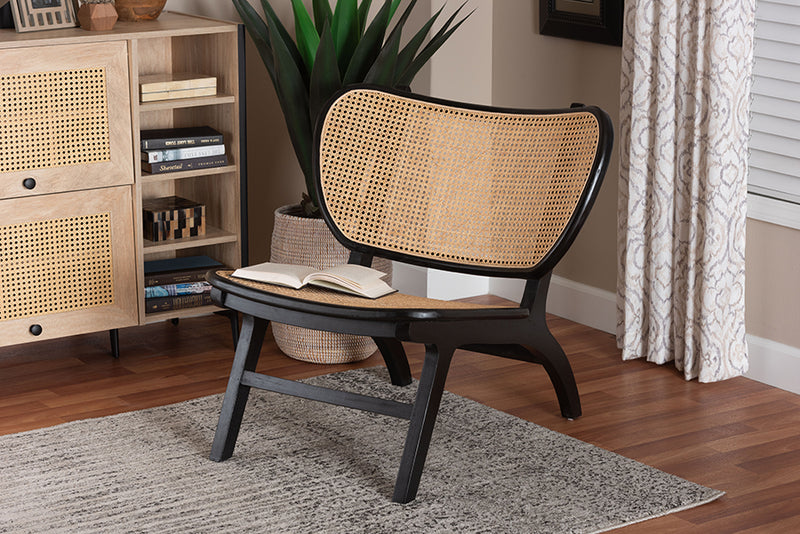 Cian Bohemian Black Mahogany Wood and Woven Rattan Accent Chair