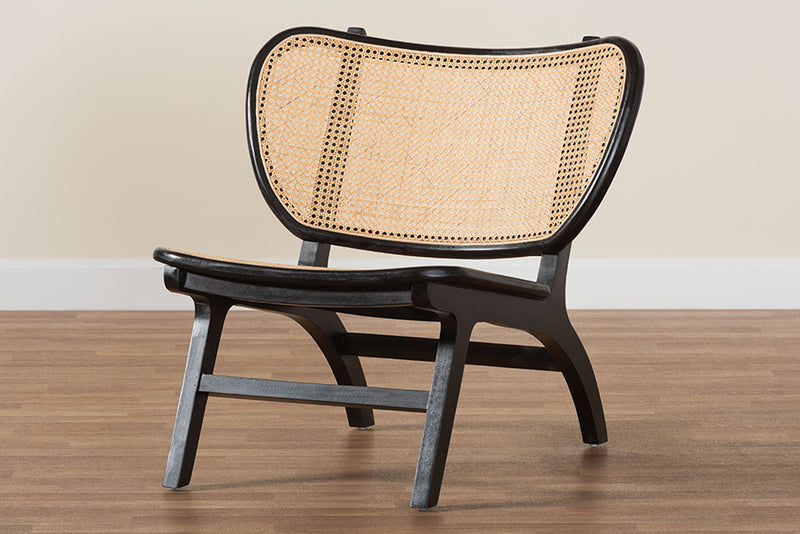 Cian Bohemian Black Mahogany Wood and Woven Rattan Accent Chair