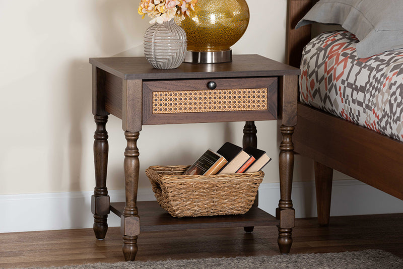 Eiko Transitional Dark Brown Nightstand w/Rattan