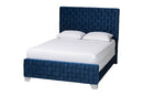 Lucine Navy Blue Velvet Fabric Queen Size Panel Bed Baxton