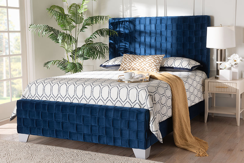 Lucine Glam and Luxe Navy Blue Velvet Fabric Queen Size Panel Bed