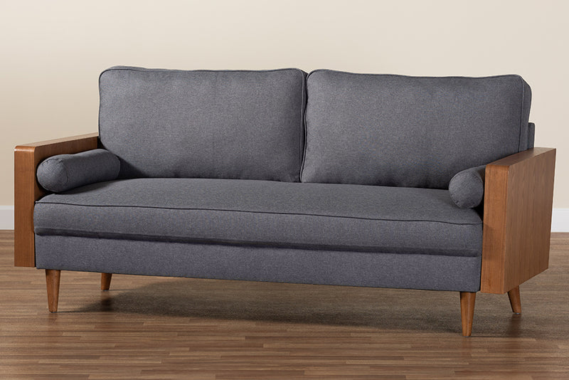 Saranna Mid-Century Modern Gray Fabric and Walnut Brown Wood Sofa