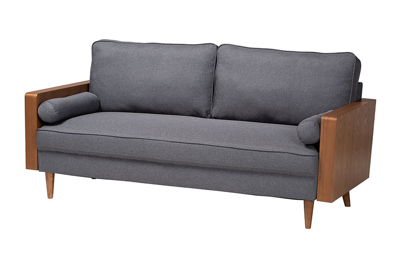 Saranna Mid-Century Modern Gray Fabric and Walnut Brown Wood Sofa