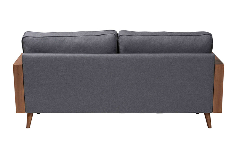 Saranna Mid-Century Modern Gray Fabric and Walnut Brown Wood Sofa