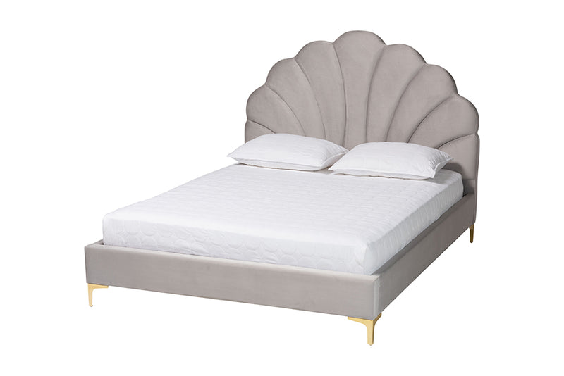 Airell Glam and Luxe Light Gray Velvet Seashell-Headboard Queen Size Platform Bed