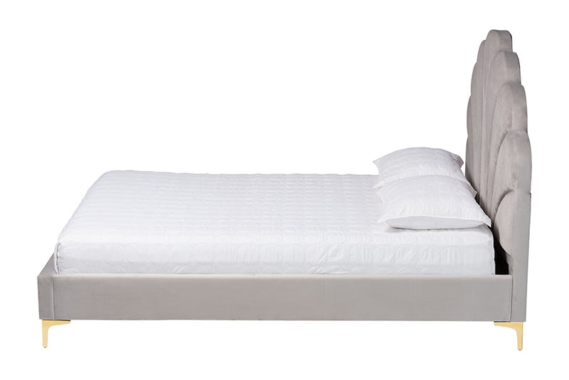 Airell Light Gray Velvet Seashell-Headboard Queen Size Platform Bed Baxton