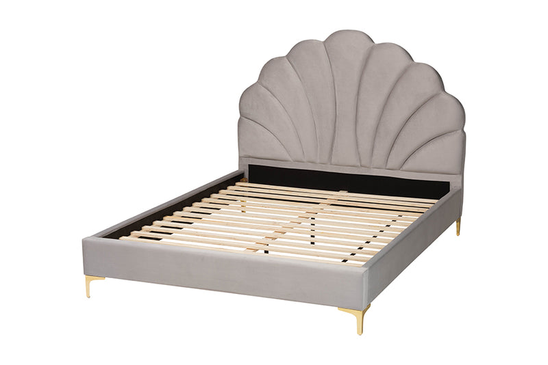 Airell Glam and Luxe Light Gray Velvet Seashell-Headboard Queen Size Platform Bed