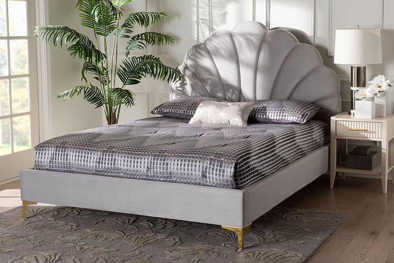 Airell Glam and Luxe Light Gray Velvet Seashell-Headboard Queen Size Platform Bed