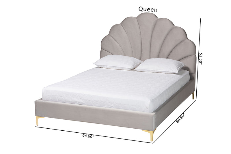 Airell Glam and Luxe Light Gray Velvet Seashell-Headboard Queen Size Platform Bed