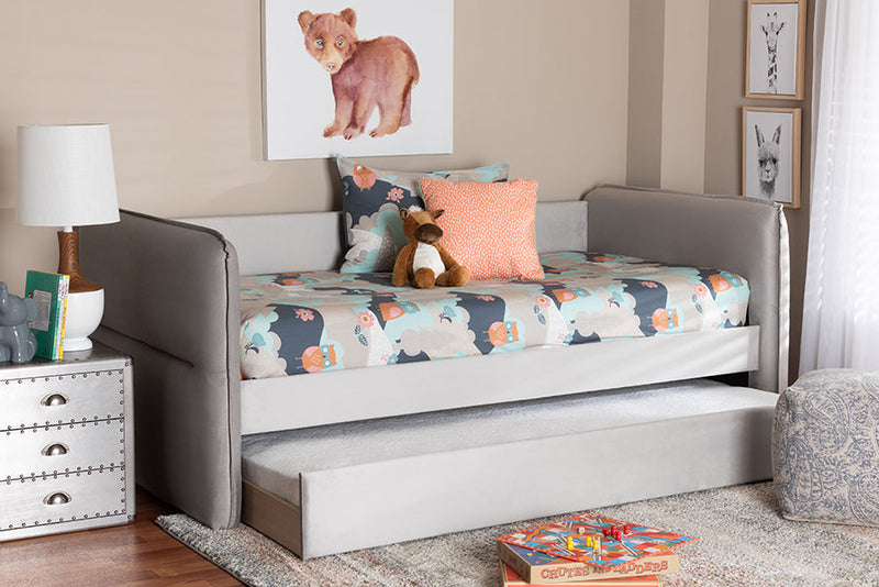 Parkin Modern Light Gray Velvet Fabric Twin Size Daybed w/Trundle Baxton
