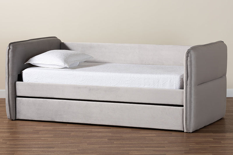 Parkin Modern Light Gray Velvet Fabric Twin Size Daybed w/Trundle Baxton