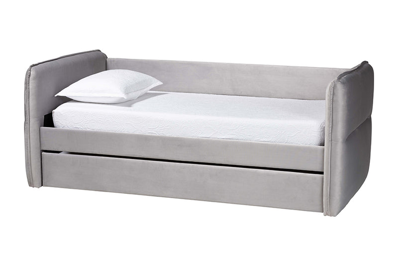 Parkin Modern Light Gray Velvet Fabric Full Size Daybed w/Trundle