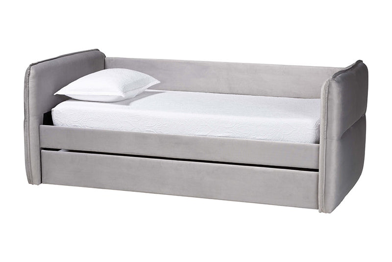 Parkin Modern Light Gray Velvet Fabric Twin Size Daybed w/Trundle Baxton