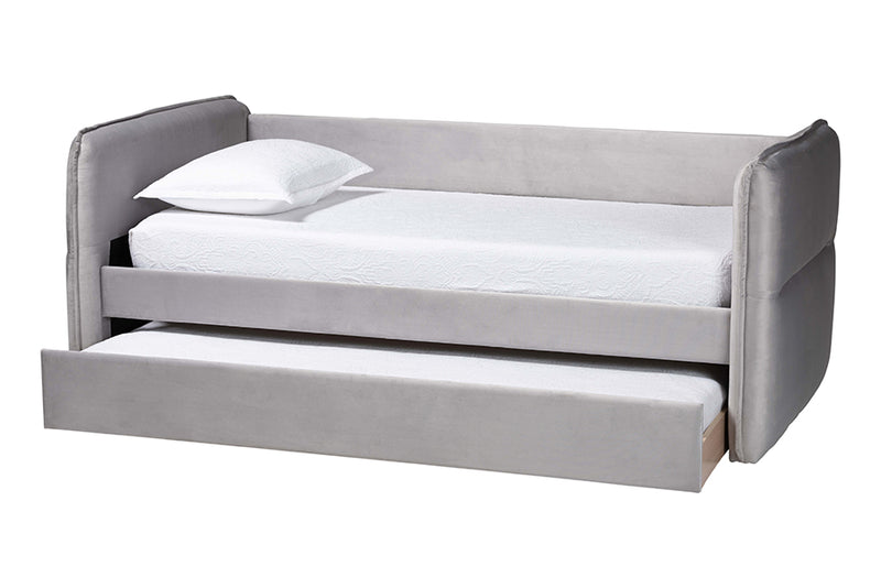 Parkin Modern Light Gray Velvet Fabric Full Size Daybed w/Trundle