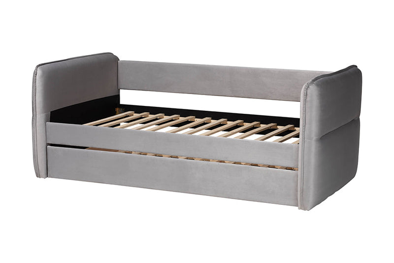 Parkin Modern Light Gray Velvet Fabric Twin Size Daybed w/Trundle Baxton