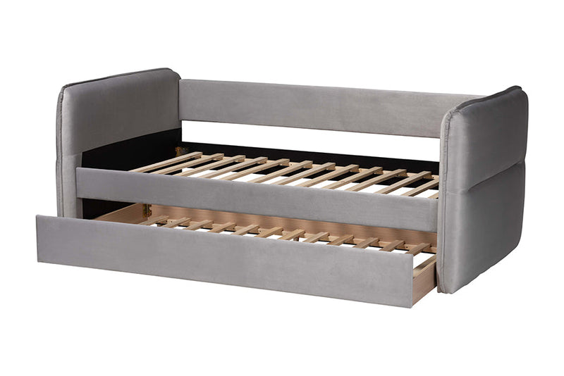 Parkin Modern Light Gray Velvet Fabric Twin Size Daybed w/Trundle Baxton