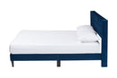 Pelagia Navy Blue Velvet and Dark Brown Wood Queen Bed Baxton