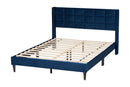 Pelagia Navy Blue Velvet and Dark Brown Wood Queen Bed Baxton
