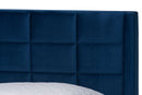 Pelagia Navy Blue Velvet and Dark Brown Wood Queen Bed Baxton
