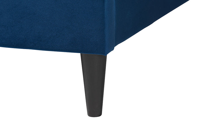 Pelagia Navy Blue Velvet and Dark Brown Wood Queen Bed Baxton