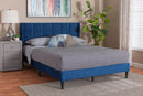 Pelagia Navy Blue Velvet and Dark Brown Wood Queen Bed Baxton