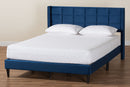 Pelagia Navy Blue Velvet and Dark Brown Wood Queen Bed Baxton