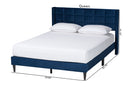 Pelagia Navy Blue Velvet and Dark Brown Wood Queen Bed Baxton