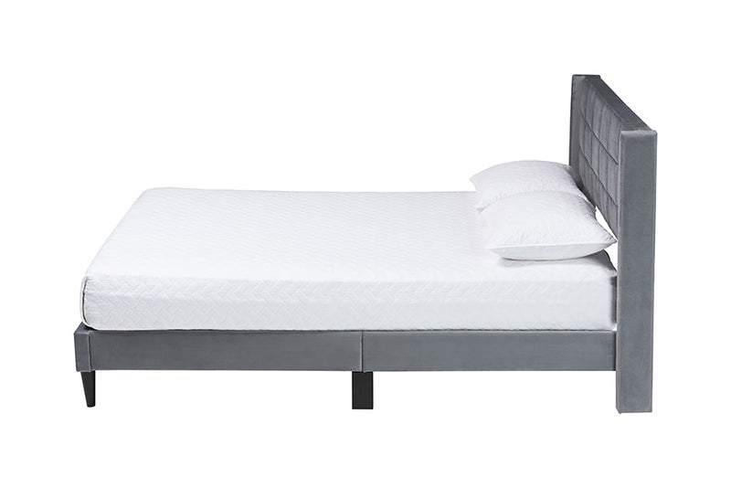 Pelagia GrayVelvet and Dark Brown Wood Queen Bed Baxton