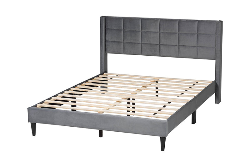 Pelagia GrayVelvet and Dark Brown Wood Queen Bed Baxton