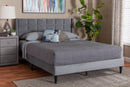 Pelagia GrayVelvet and Dark Brown Wood Queen Bed Baxton