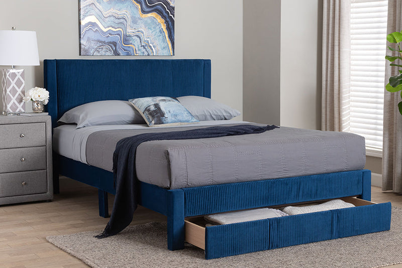 Donnica Modern Navy Blue Pleated Velvet Queen Size Storage Bed Baxton