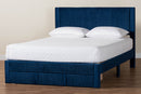 Donnica Modern Navy Blue Pleated Velvet Queen Size Storage Bed Baxton