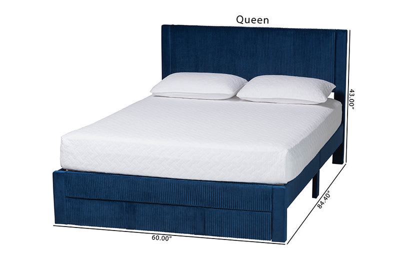 Donnica Modern Navy Blue Pleated Velvet Queen Size Storage Bed Baxton