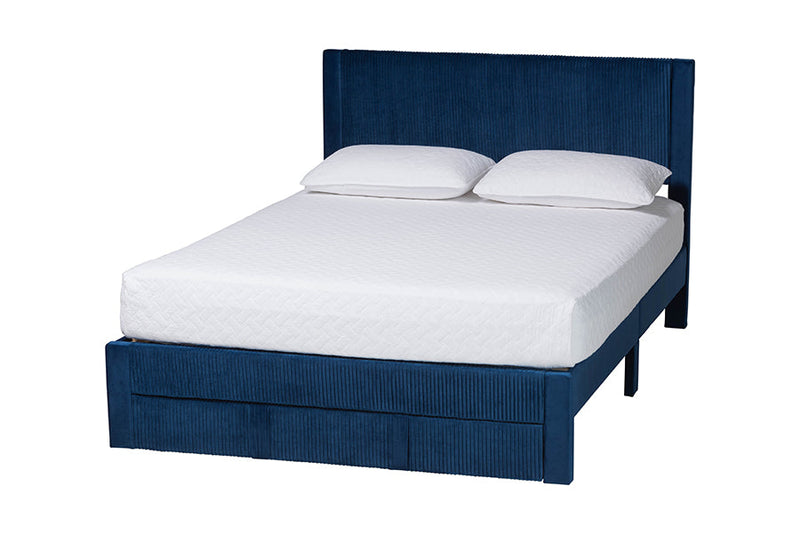 Donnica Modern Navy Blue Pleated Velvet Queen Size Storage Bed Baxton
