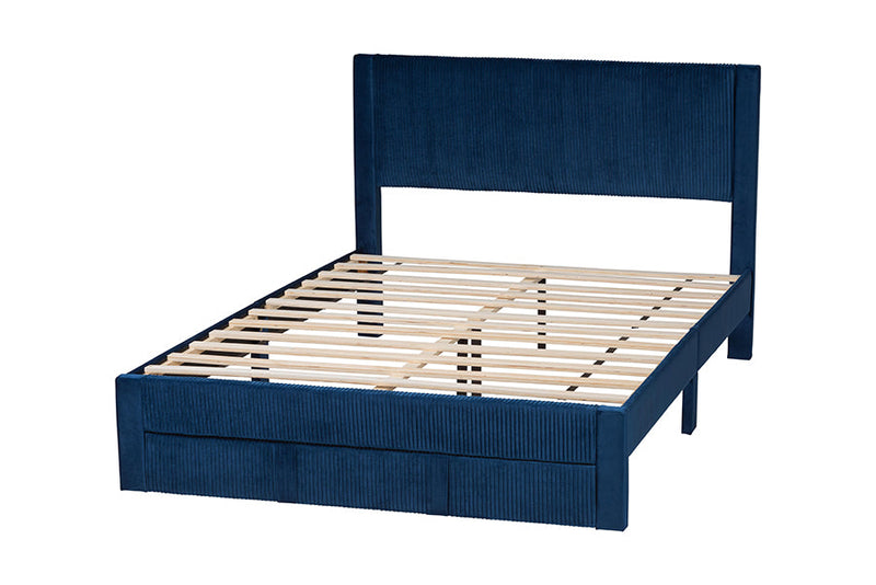 Donnica Modern Navy Blue Pleated Velvet Queen Size Storage Bed Baxton