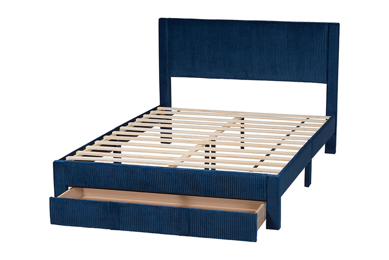 Donnica Modern Navy Blue Pleated Velvet Queen Size Storage Bed