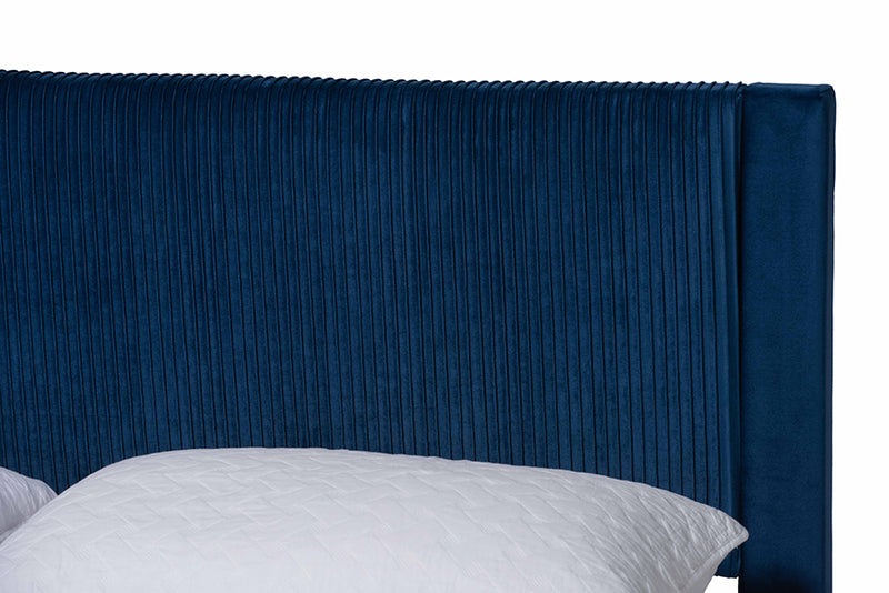 Donnica Modern Navy Blue Pleated Velvet Queen Size Storage Bed