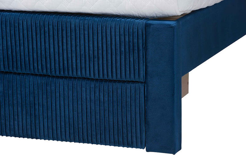 Donnica Modern Navy Blue Pleated Velvet Queen Size Storage Bed Baxton