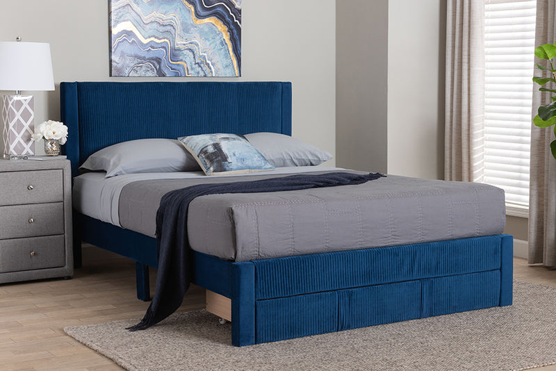 Donnica Modern Navy Blue Pleated Velvet Queen Size Storage Bed