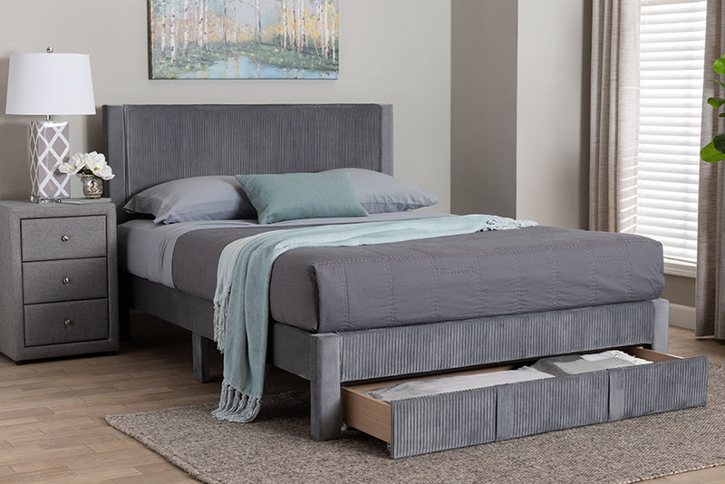 Donnica Modern Gray Pleated Velvet Queen Size Storage Bed