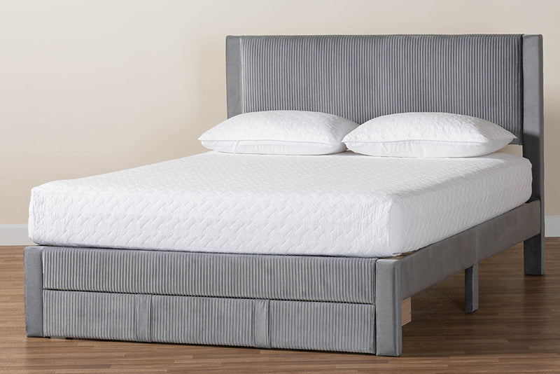 Donnica Modern Gray Pleated Velvet Queen Size Storage Bed Baxton