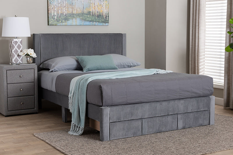 Donnica Modern Gray Pleated Velvet Queen Size Storage Bed